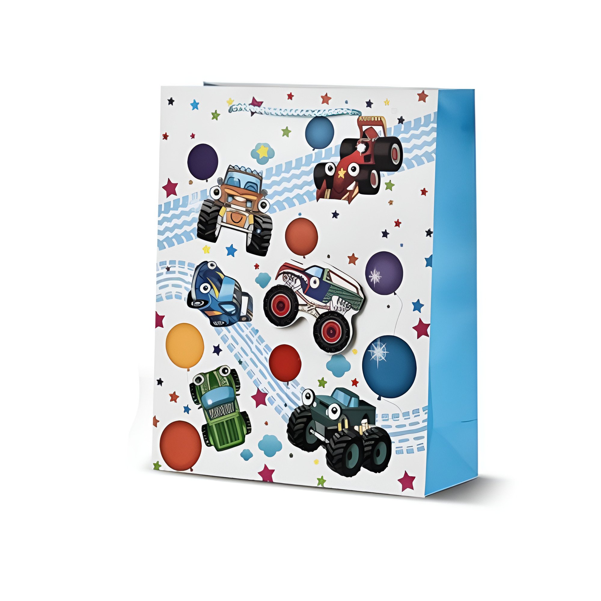 Подарунковий пакет Stenson Transport 3D для хлопчика 31х42х12 см Білий із синім (R33069-L)