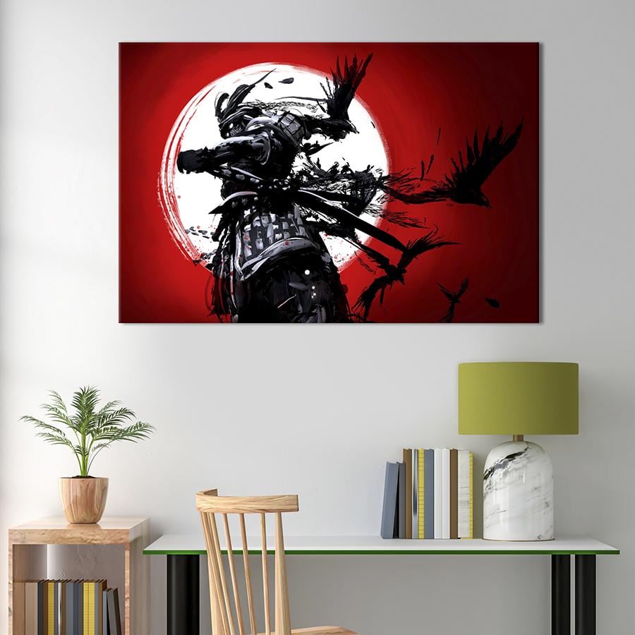 Настенный декор картина на холсте для интерьера Самурай и вороны 51x34 см (532-1)