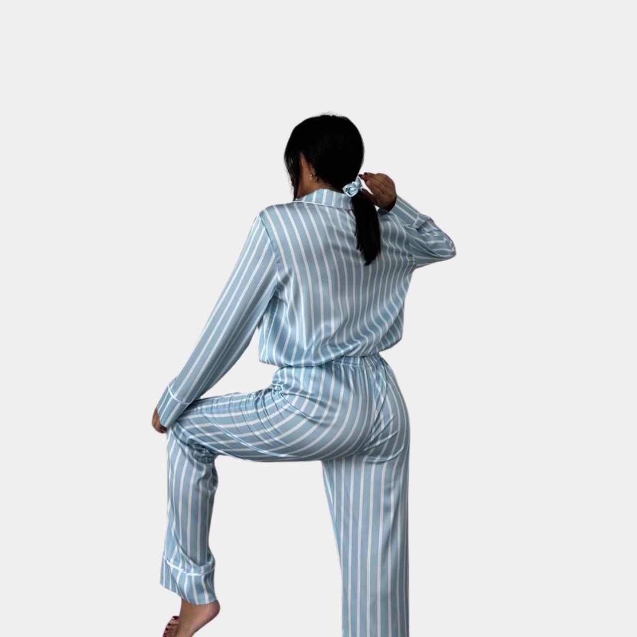 Піжама жіноча сатинова у смужку XL Блакитно-білий (№1263) - фото 4