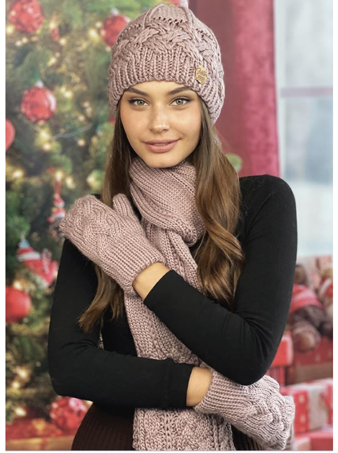 Комплект шапка с шарфом и перчатками женский Braxton Дюран Темный пудровый (811W)