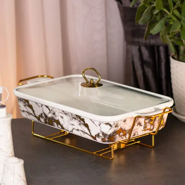 Мармітниця 2 л марміт прямокутний порцелянаовий 40х23х11 см для других страв Мармур (HP1033)