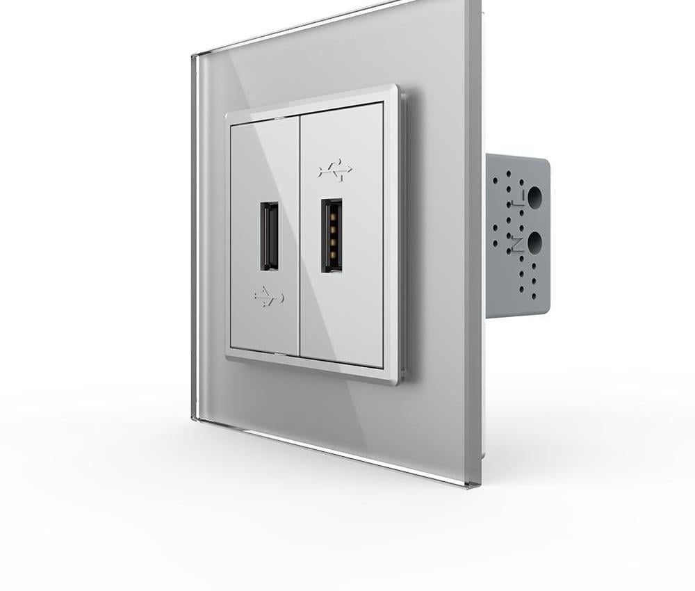 Розетка двойная LIVOLO USB с блоком питания настенная стеклянная рамка Серый (VL-C7FCUA/FCUA-2IP)
