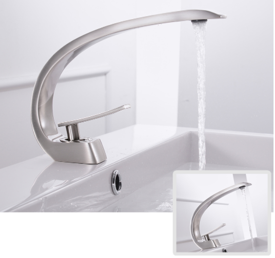 Змішувач для раковини стаціонарний одноважільний вигнутий кран горизонтальний WanFan Нікель - фото 2 Змішувач для раковини стаціонарний одноважільний вигнутий кран горизонтальний WanFan Нікель - фото 2