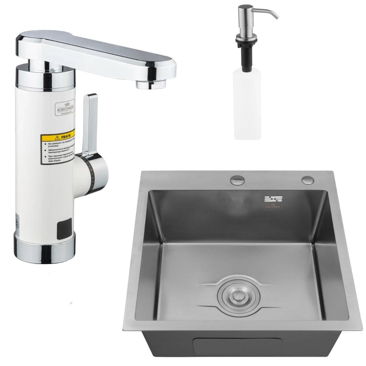 Набор кухонной мойки на дачу Kroner Derby 5050HM Brush 2в1 проточный водонагреватель Kroner Volt 189