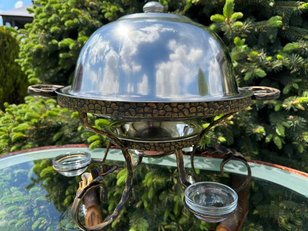 Садж підставка для шашлику та м'яса з 3 соусницями та підігрівом ручної роботи 36 см