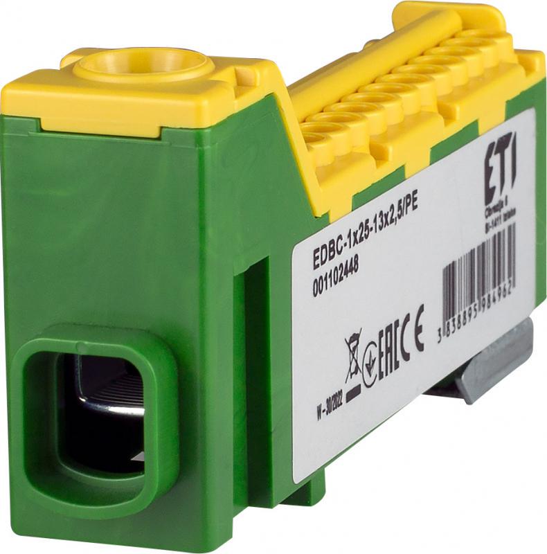 Блок распределительный ETI EDBC-1x25-13x2,5/PE 63A вход 1x25 мм2 выход 13x25 мм2 на DIN-рейку (1102448)