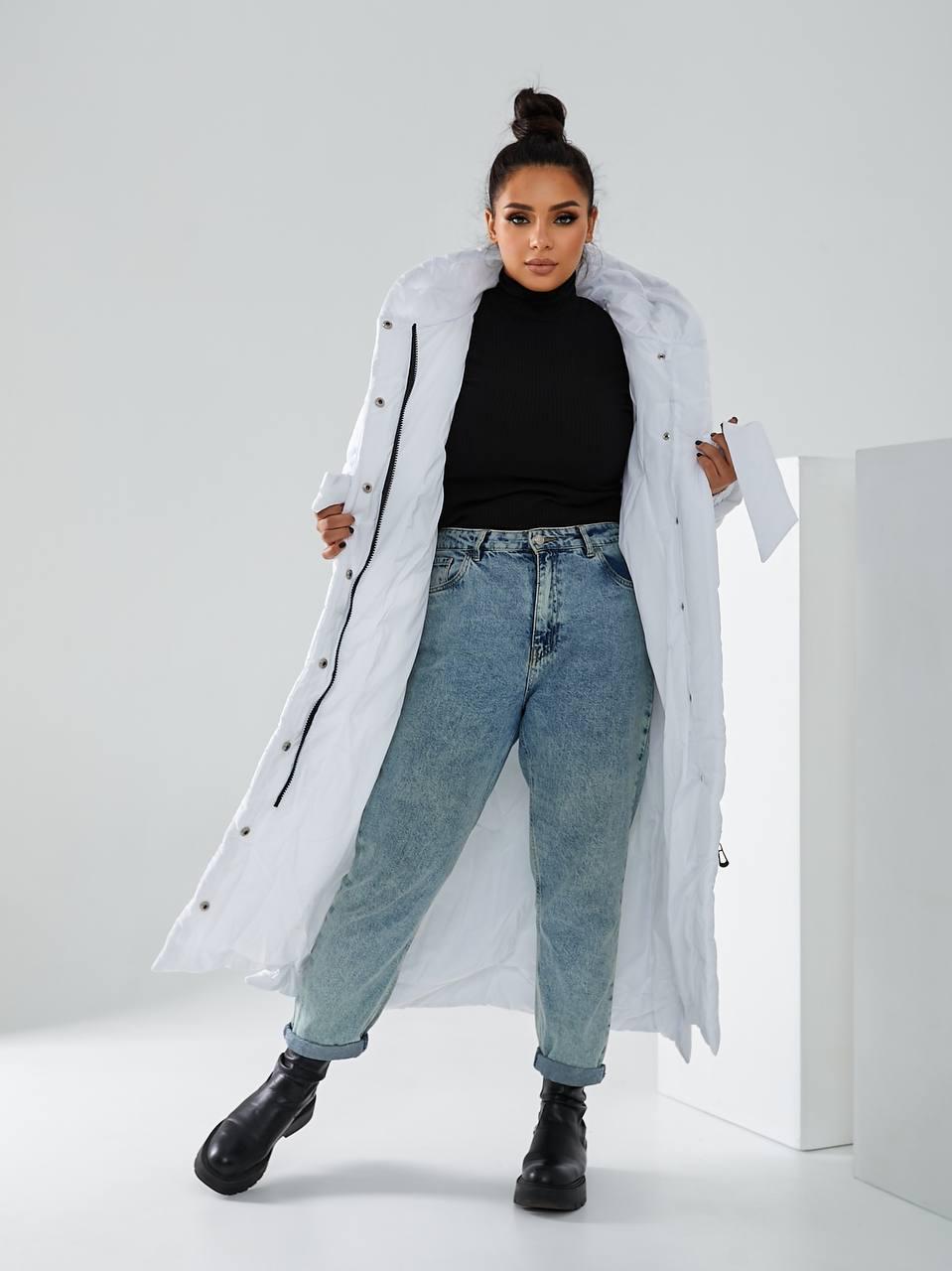 Пуховик длинный Aiza на поясе кнопках молнии и с капюшоном А032 р. 54-56 Белый - фото 8