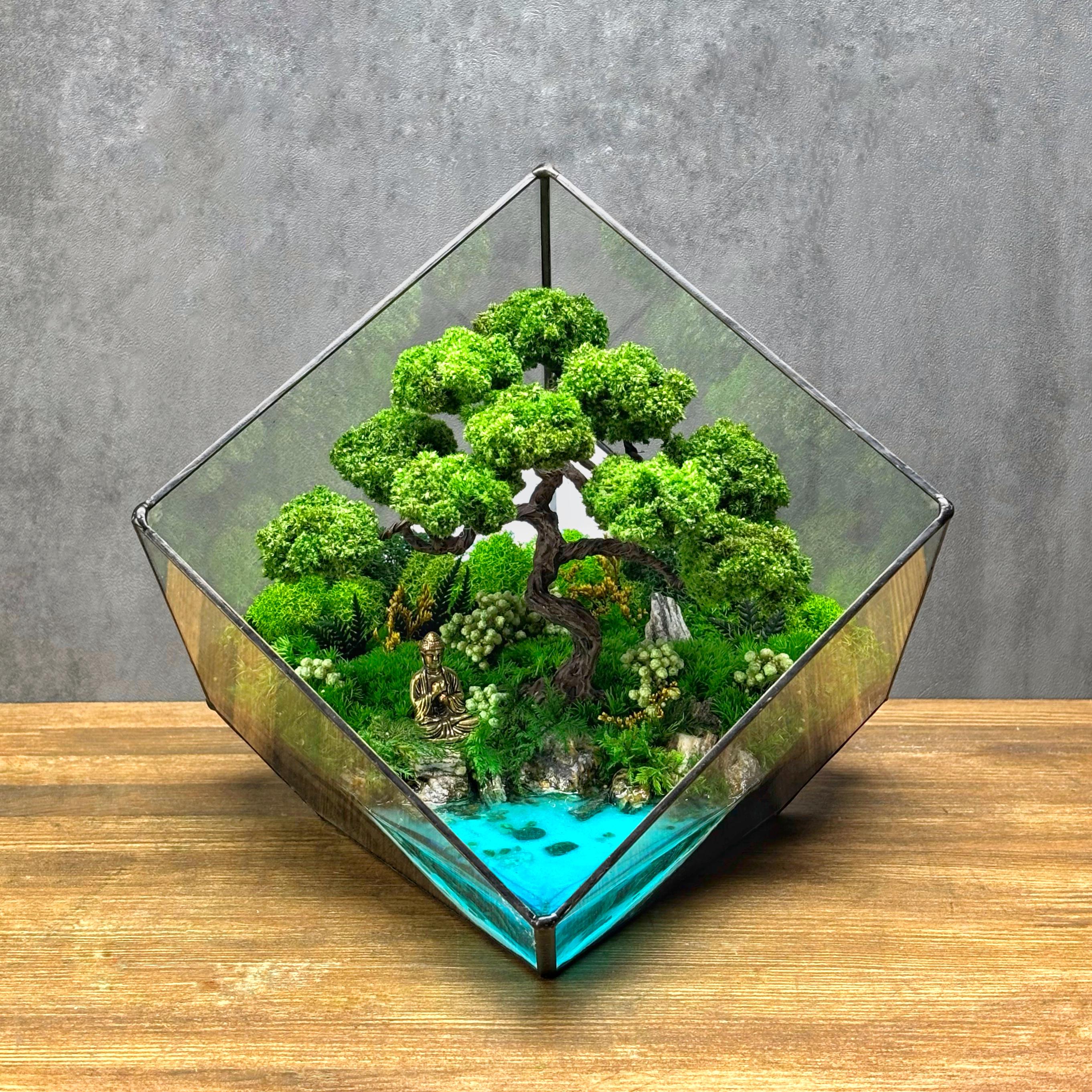 Флораріум з деревом бонсай Будда біля річки 22х22 см (17020)