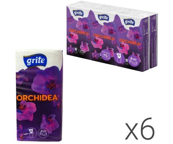 Платочки бумажные четырехслойные GRITE Orchidea 6 шт. х 9 шт. White (17823) - фото 2 Платочки бумажные четырехслойные GRITE Orchidea 6 шт. х 9 шт. White (17823) - фото 2