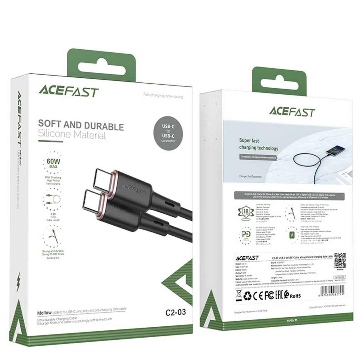 Кабель Acefast C2-03 USB-C to USB-C 1,2 м PD 60W Black - фото 3 Кабель Acefast C2-03 USB-C to USB-C 1,2 м PD 60W Black - фото 3