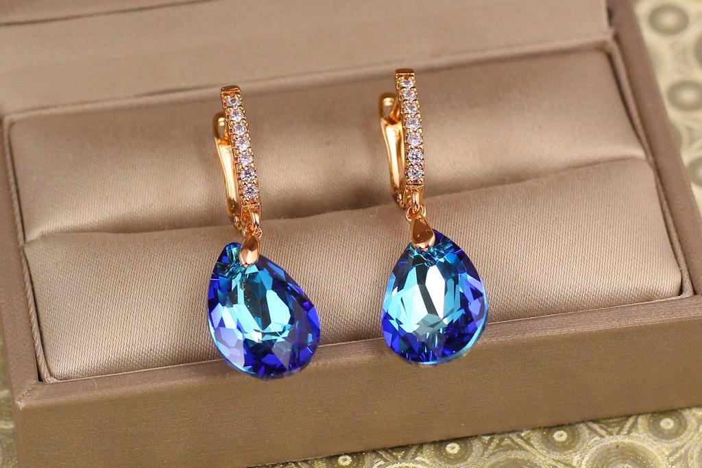 Серьги подвески Xuping Jewelry Большая капля с синим камнем Сваровски 3,4 см Золотистый (31936723)