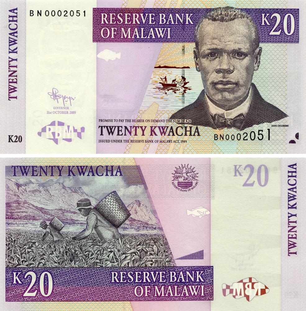Коллекционная банкнота Малави 20 квача 2009 UNC P52d (Б03565)