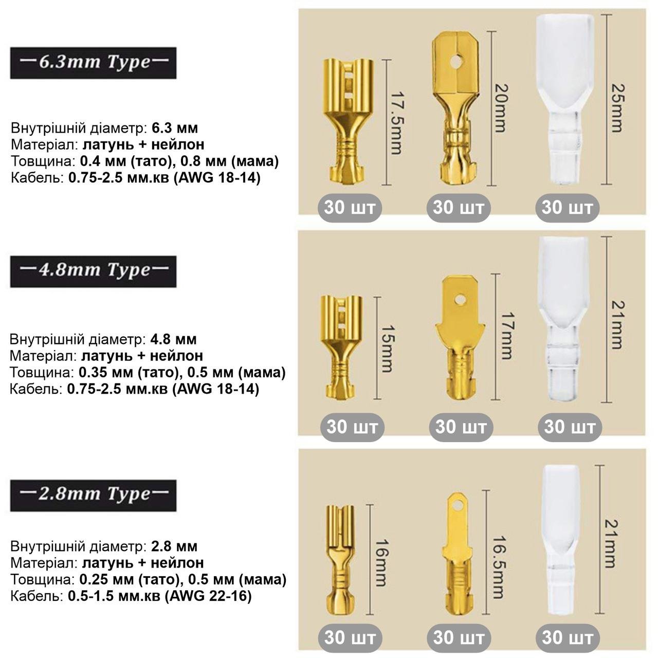 Набір обтискних клем з ізоляцією 270 шт. 2,8 мм/4,8 мм/6,3 мм конектори/клеми мама-тато Gold (137673) - фото 4