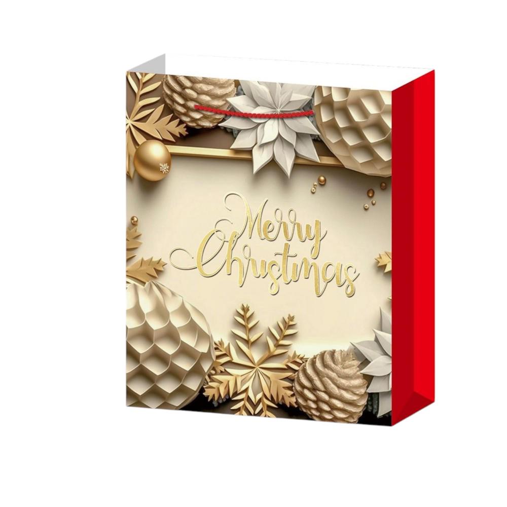 Подарочный пакет Stenson Merry Christmas с ручками 31х40х12 см принт с елочными игрушками Золотой с красным (R96637-L)