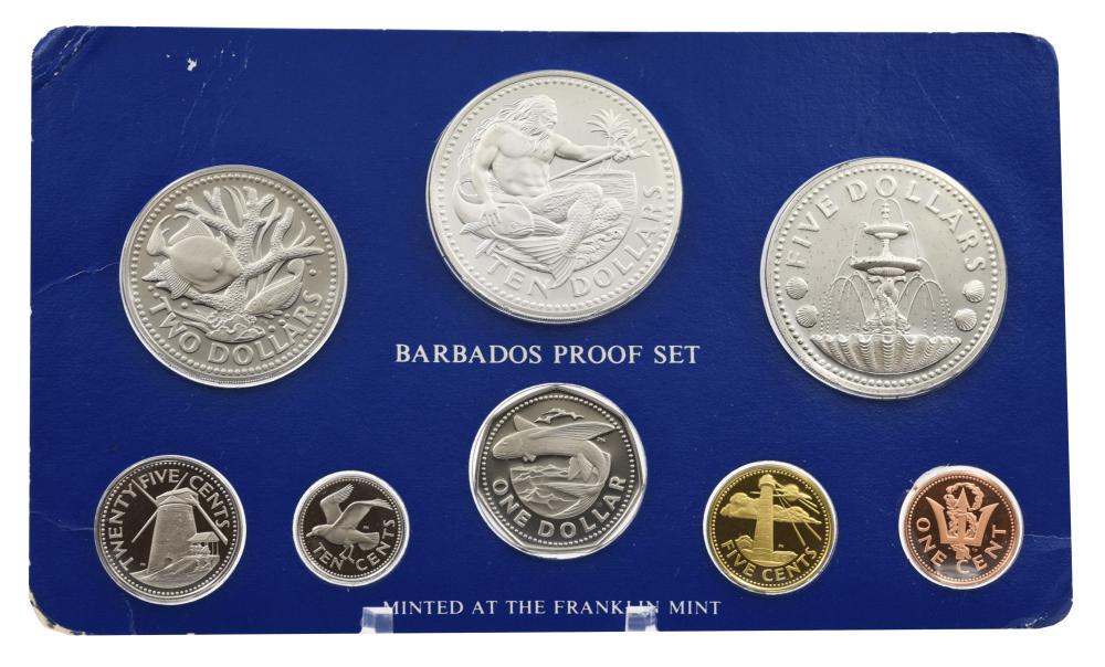 Набор коллекционных монет Барбадос 8 монет 1975 Proof 1/5/10/25 центов/1/2/5/10 долларов серебро (М23813)