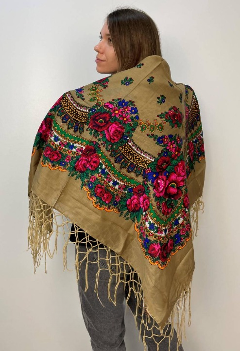 Платок Букет цветов 120х120 см Кремовый (29434535)