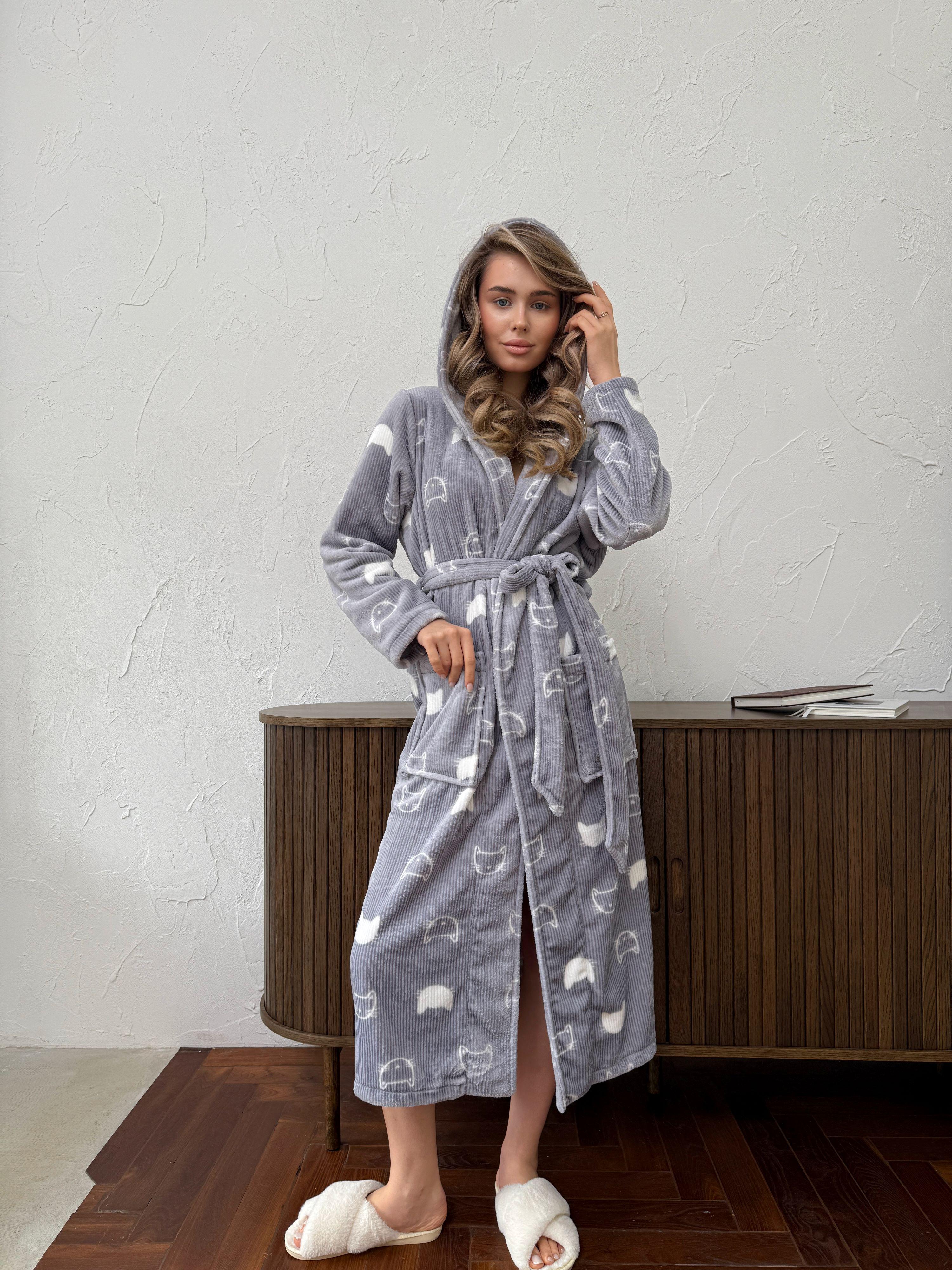 Халат женский COSY Котики теплый махровый с капюшоном L/XL Серый (VEL022R2)