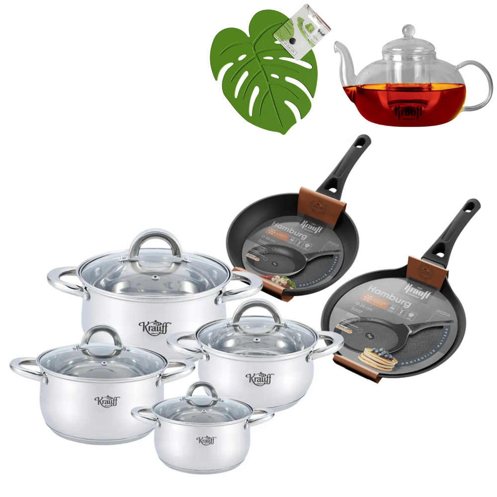 Набор кастрюль Krauff Steil и сковородок Hamburg с чайником Eifer и подставкой под горячее (28474)