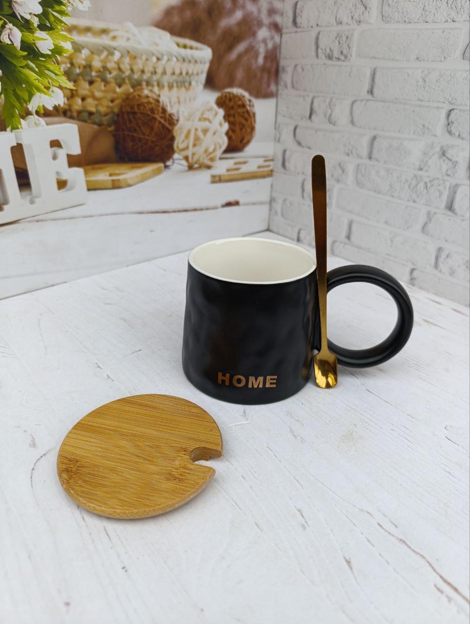 Чашка LED Hogar фарфор с бамбуковой крышкой и ложкой 370 мл (B060719)