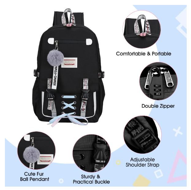 Шкільний рюкзак для дівчаток Harvard з USB портом/замочком і хутряним помпоном Чорний (1226011661) - фото 6 Шкільний рюкзак для дівчаток Harvard з USB портом/замочком і хутряним помпоном Чорний (1226011661) - фото 6