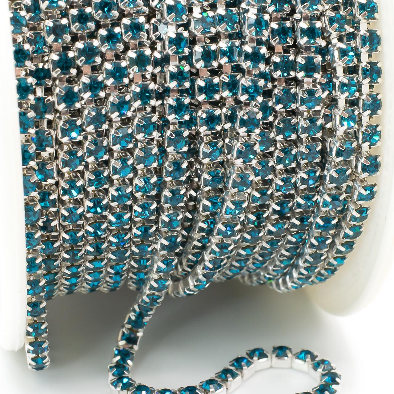 Цепь стразовая SS10 2,8 мм 1 м Aquamarine dark silver (ЦС1003с32)