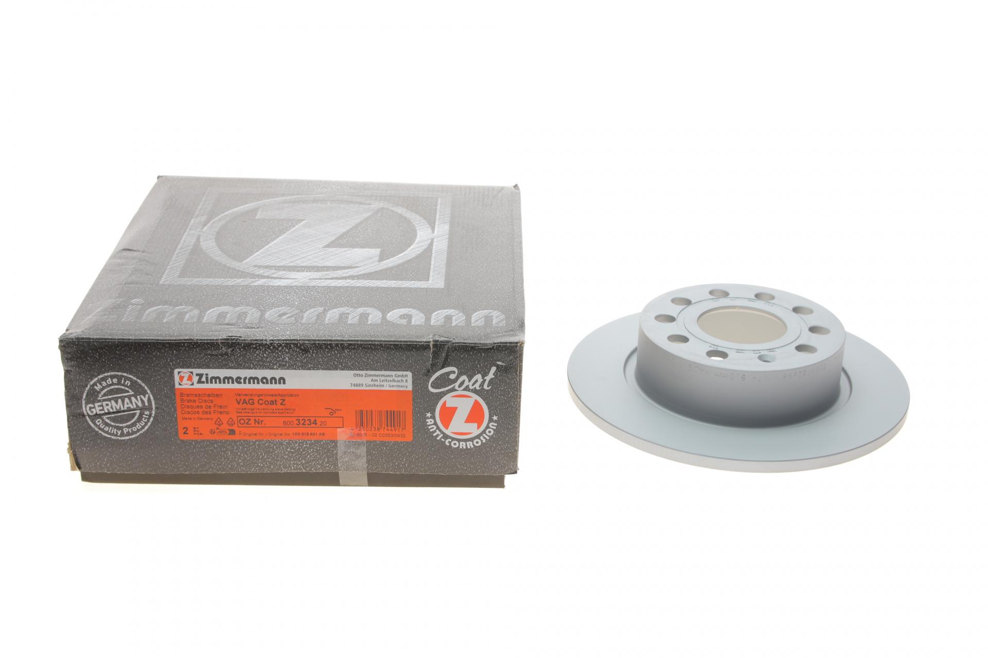 Диск тормозной задний ZIMMERMANN для Audi A3//VW Caddy III 04-15/Skoda Octavia III/IV 03- с покрытием 253x10 мм (600.3234.20)