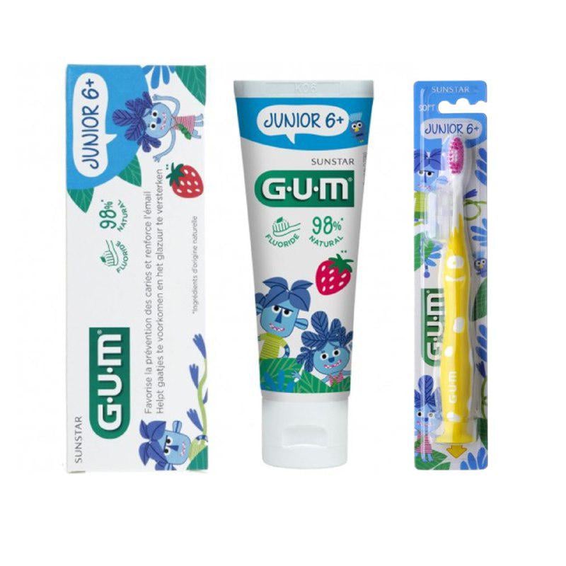 Набір для чищення зубів дитячий GUM Junior зубна паста-гель 50 мл та зубна щітка Monster м'яка від 6 років Жовтий (25428387)