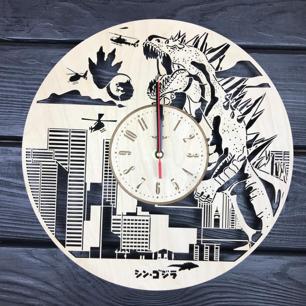 Часы настенные деревянные Годзилла