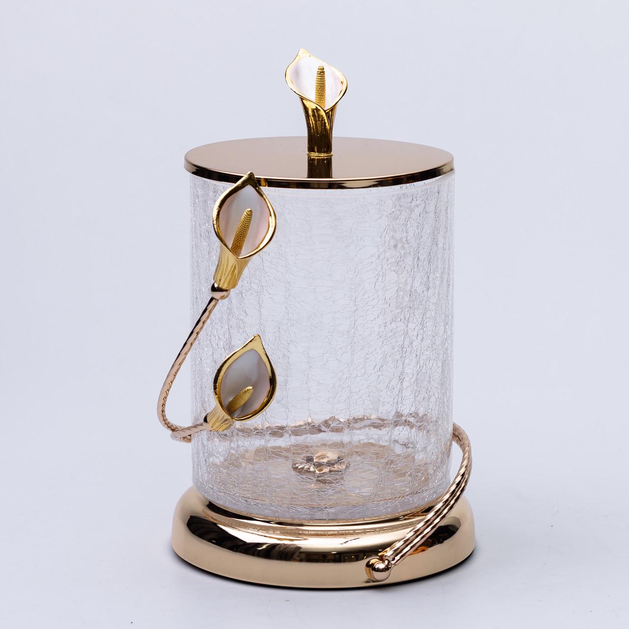 Конфетница стеклянная с цветочным металлическим декором с крышкой 14x23 см (6985)