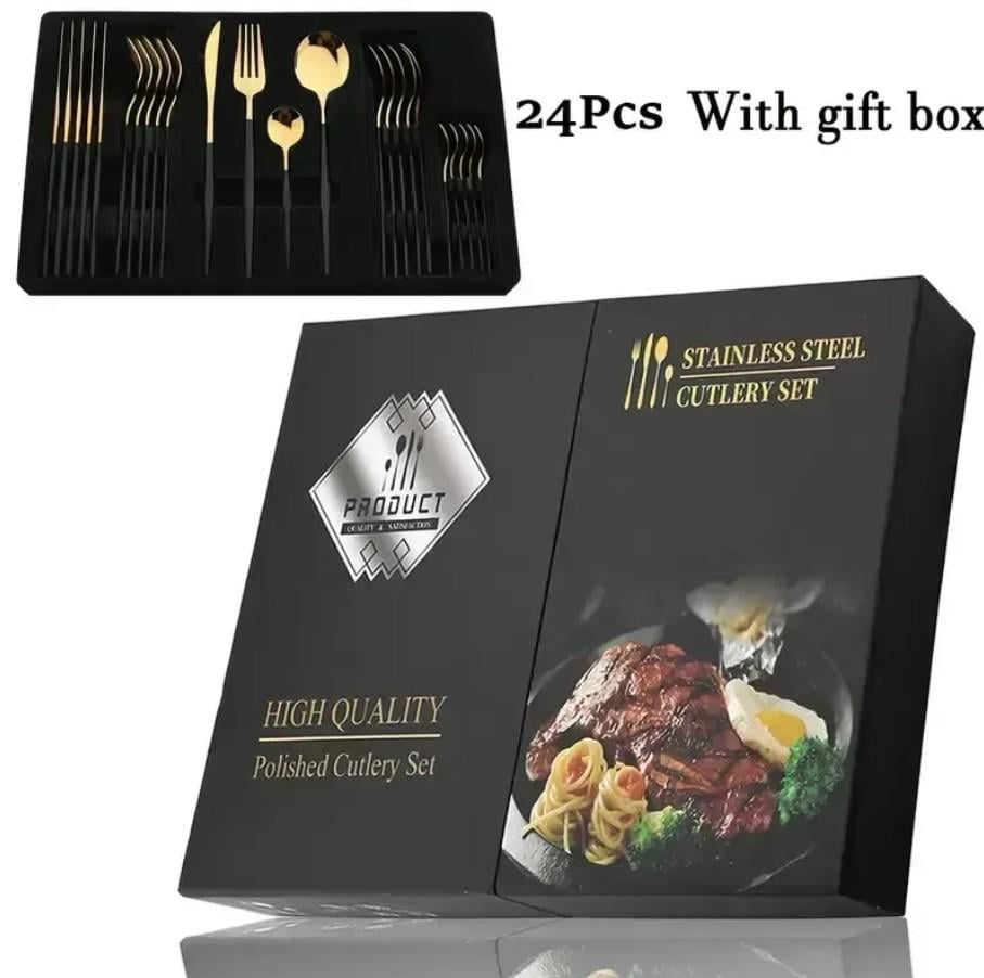 Набор столовых приборов Kitchen Ware из нержавеющей стали на 6 персон 24 шт. 40х26х6 см Черно-золотистый - фото 2