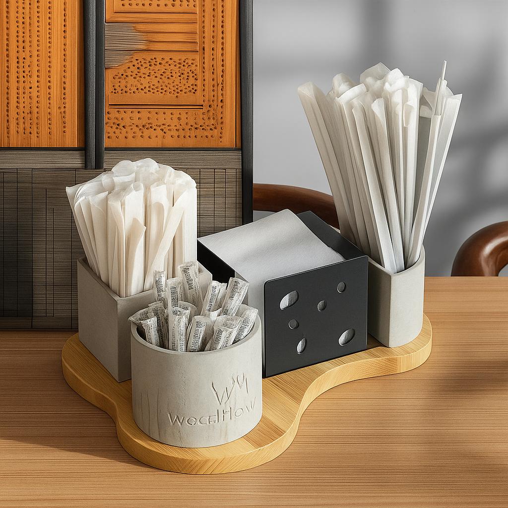 Барный органайзер WW из дерева/бетона/металла для трубочек/стиков сахара/салфеток/деревянных мешалок/крышек для кофе (18788)