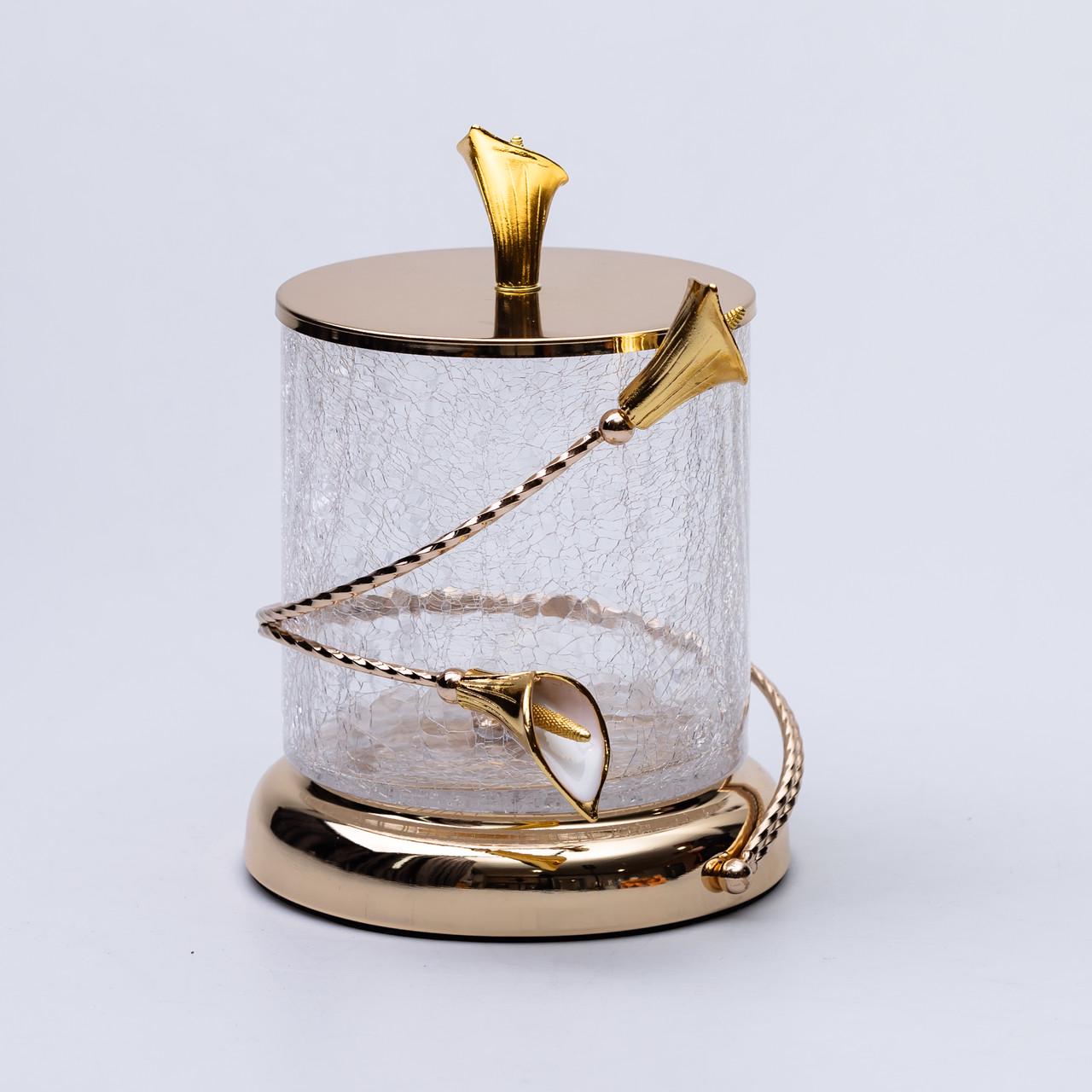 Конфетница стеклянная с цветочным металлическим декором с крышкой 14x20 см (6986)