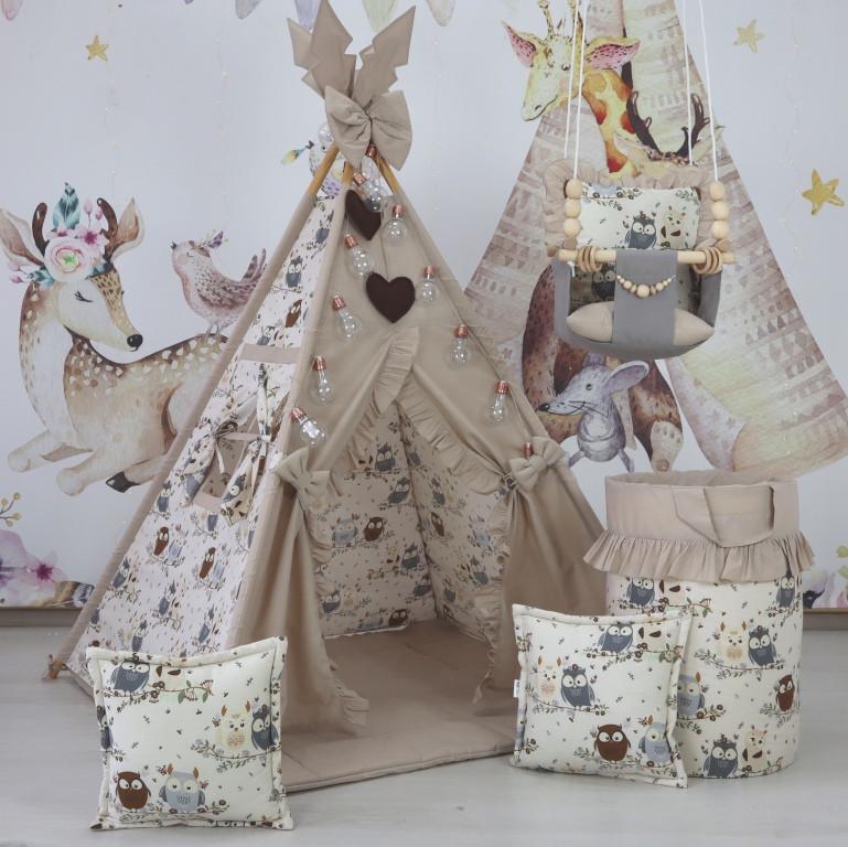 Вігвам дитячий Совуня з матарсом і подушками з кошиком для білизни