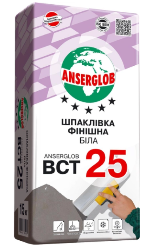 Шпаклівка ANSERGLOB ВСТ 25 фінішна 15 кг Білий (15738)