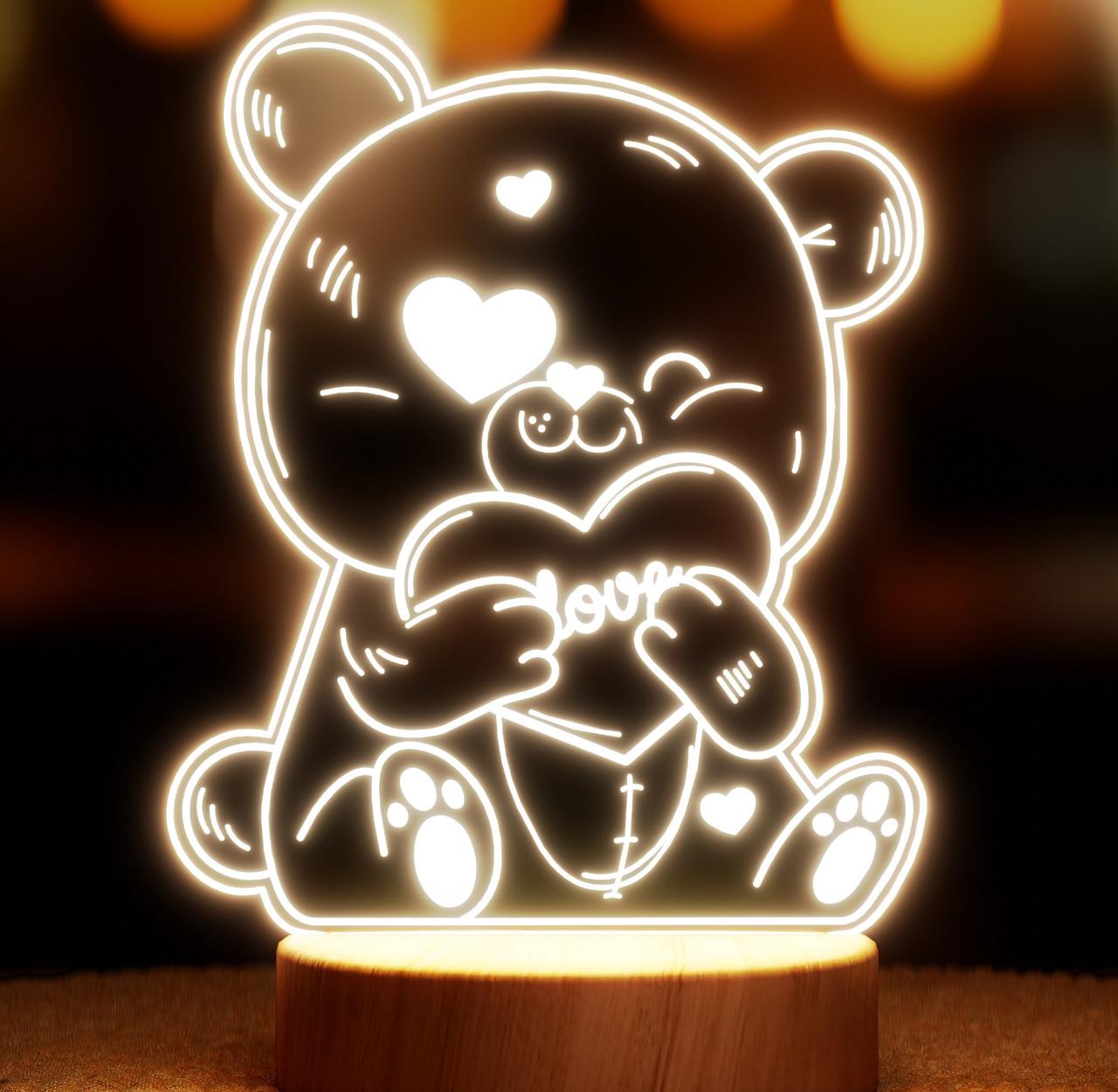 Ночник-светильник Lampic Мишка с сердцем USB дерево/акрил 15х22 см Желтый (32377370)