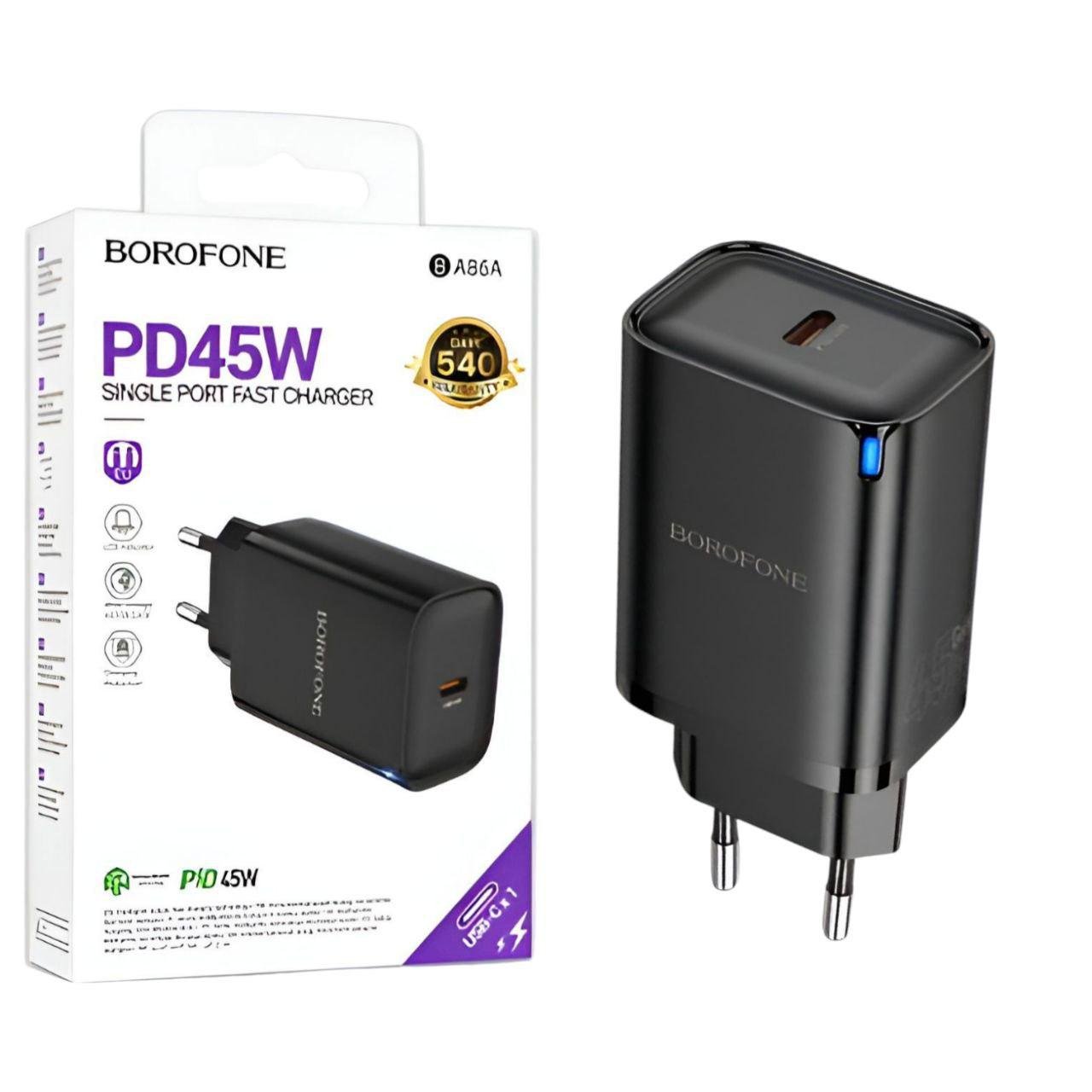 Зарядний пристрій Borofone BA86A PD45W Type-C підтримка Power Delivery та Quick Charge 3.0 Чорний (25491240)