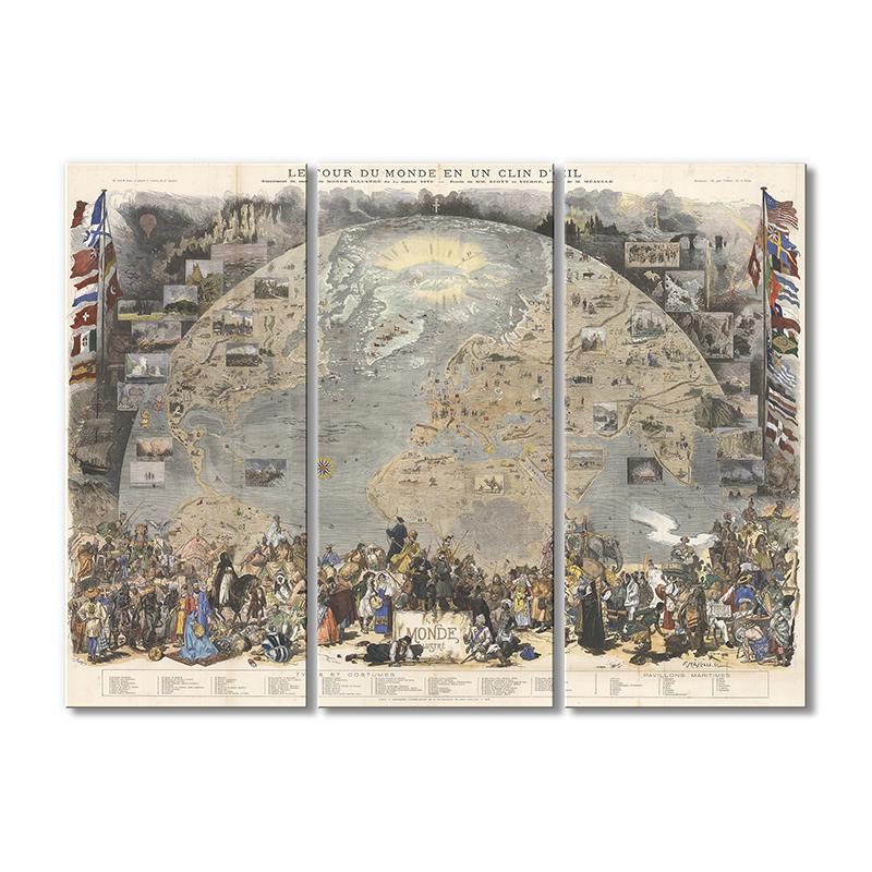 Винтажная карта Вокруг света в мгновение ока 3 модуля 50x75 см