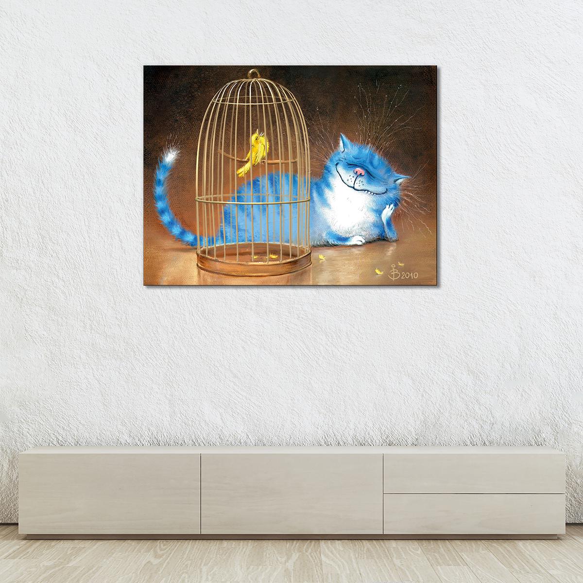 Модульная картина Кот и канарейка в клетке 1 модуль 50x75 см