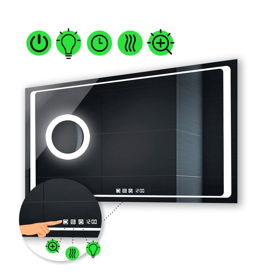 Зеркало с LED подсветкой Emma с тремя сенсорами часами подогревом и линзой с подсветкой 70x60 см (Emmag09)