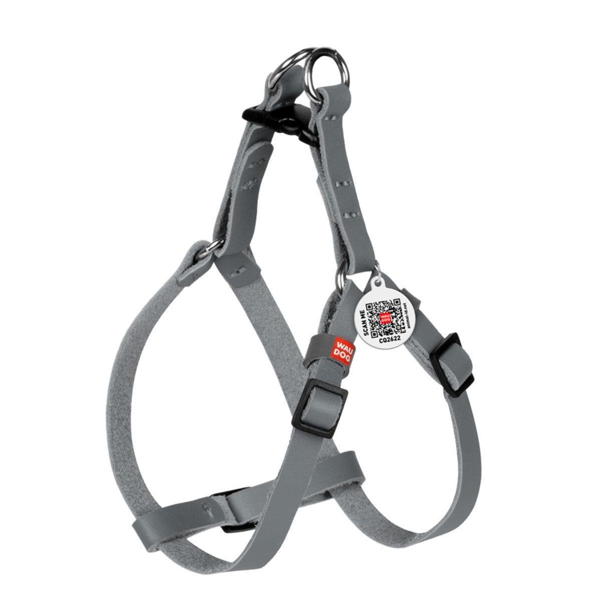Шлея для кошек/мелких собак Waudog Classic с QR паспортом/кожаная/пластиковым фастексом XS 10 мм х 28-40 см Серый (601011 Col)