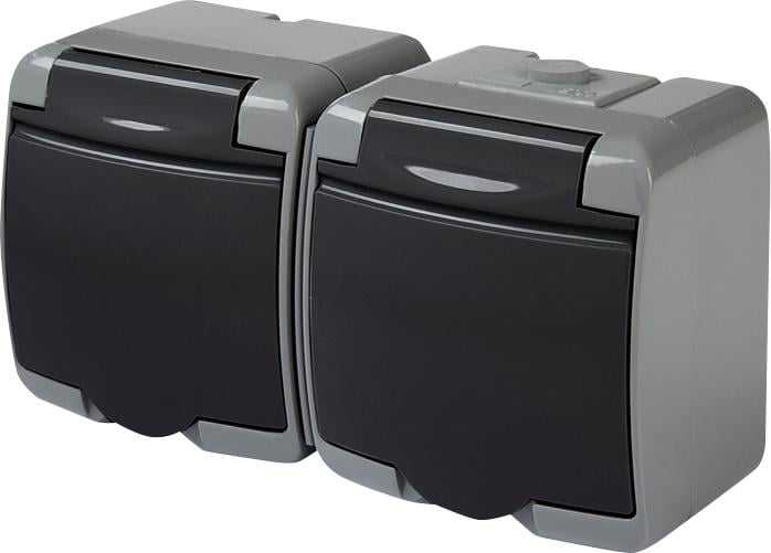 Розетка зовнішня подвійна ETI RHE-2s-SRG із заземленням/кришкою графіт IP54 Сірий (4668107)