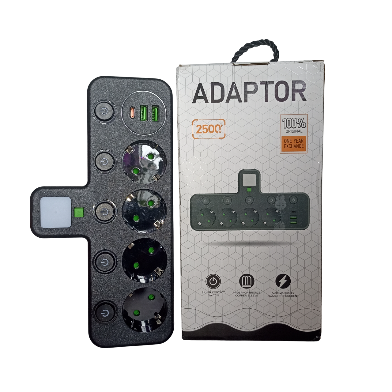 Фильтр-тройник сетевой с подсветкой 4 розетки/2 USB/1 Type-C 10 А Черный (2612940084)