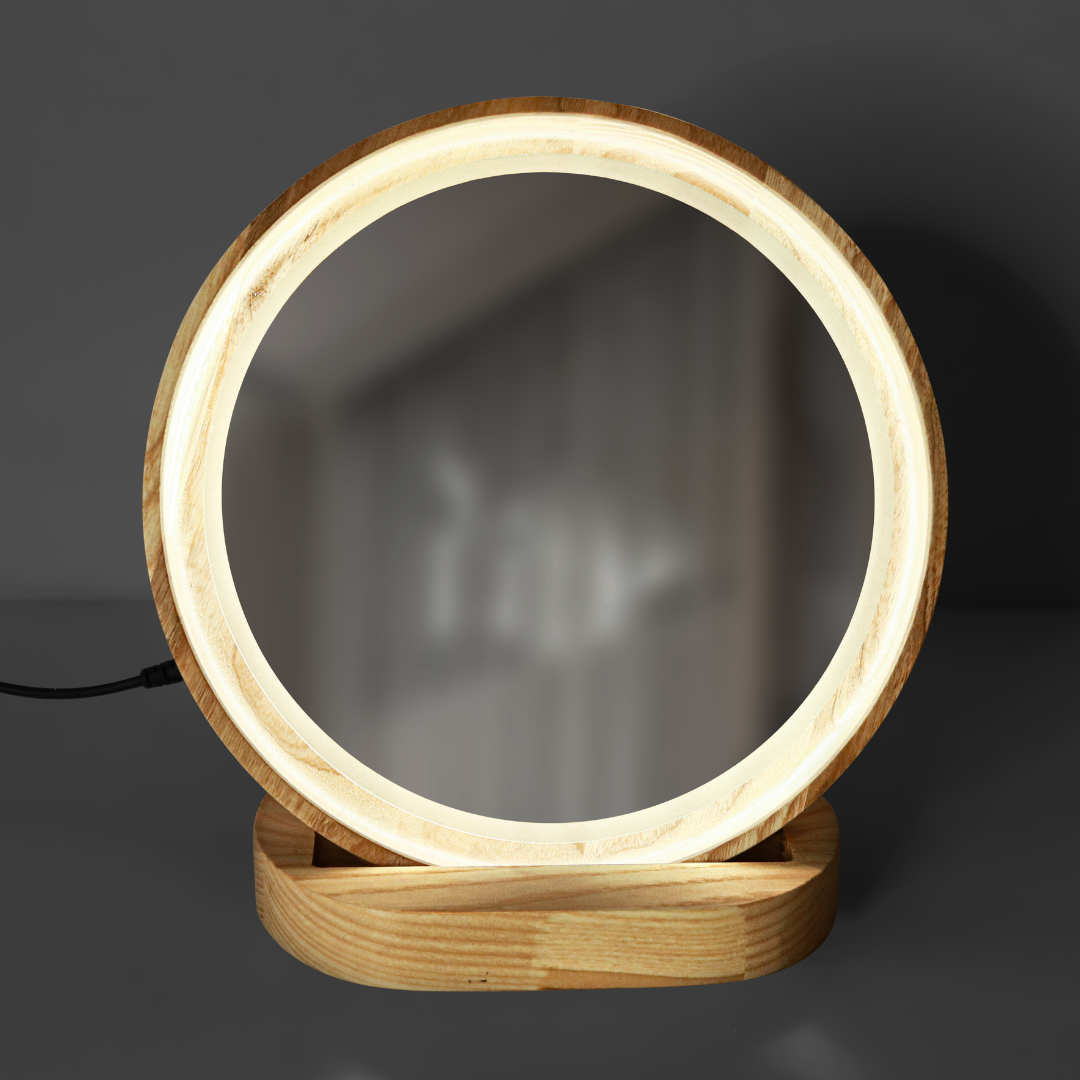 Дзеркало косметичне для макіяжу Luxury Wood Libra Ясен з LED-підсвіткою настільне кругле 22 см (L22-A-F)