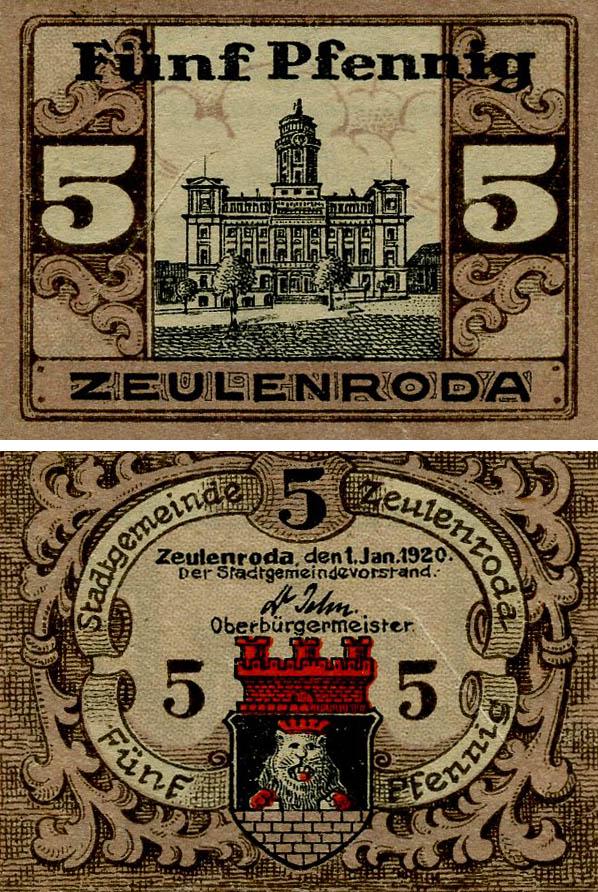 Коллекционная банкнота Германия Нотгельд 5 пфеннигов 1920 F-VF Цойленрода (Б18398)