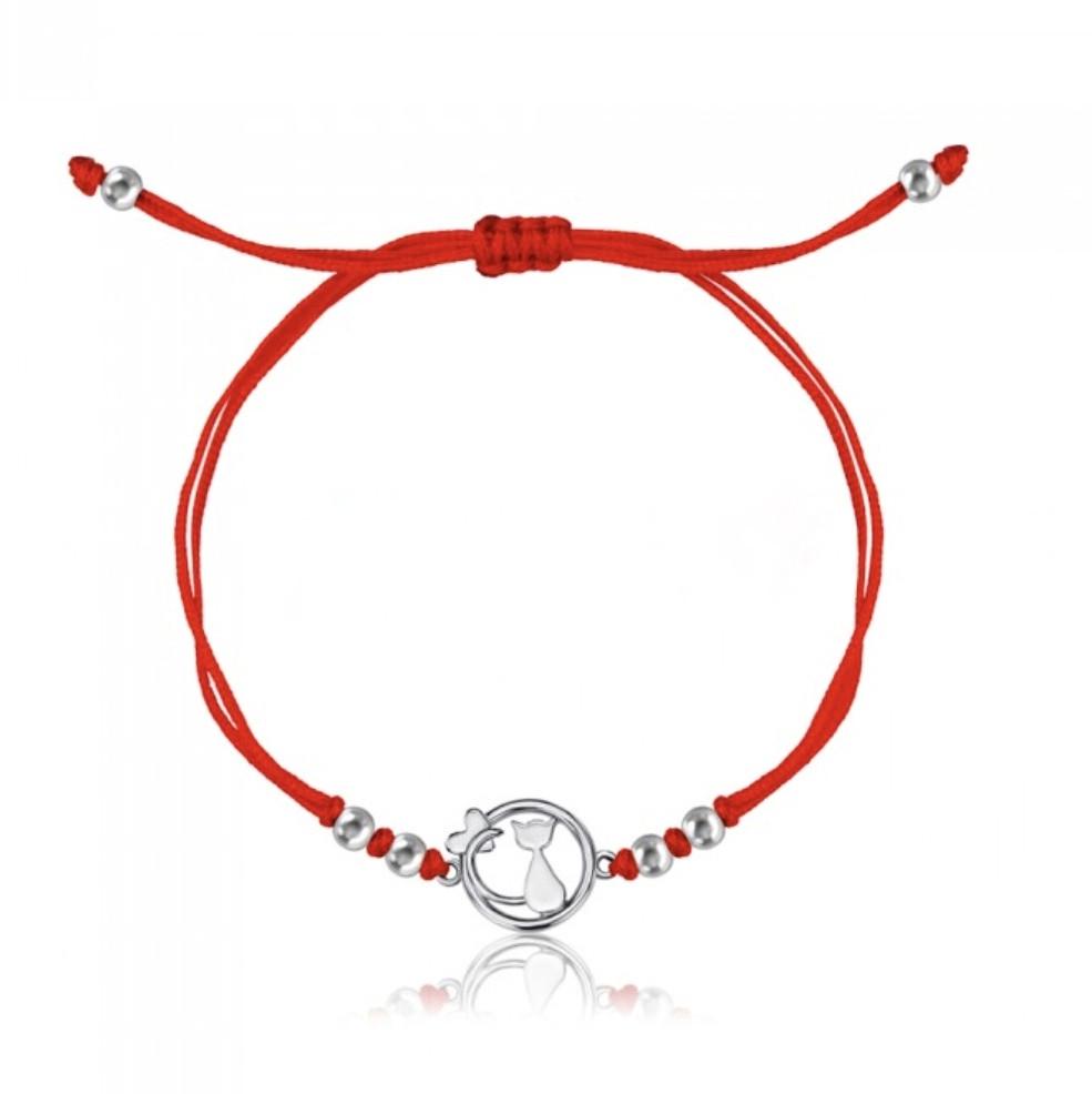 Серебряный браслет Оберег без камней Котик с сердцем 2,05 г Красный (75307)
