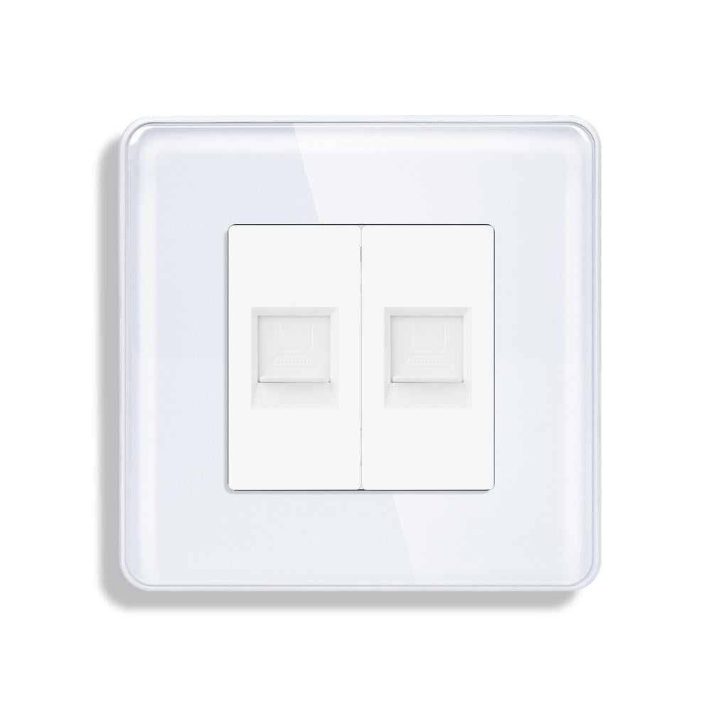 Розетка компьютерная двойная RJ-45 дизайнерская настенная стеклянная рамка Белый (TW-CAT6CAT6-WT)