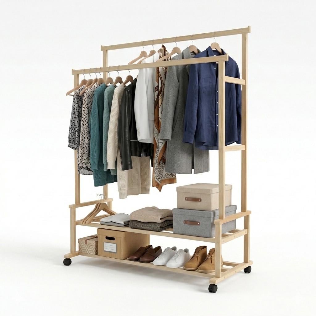 Вешалка-стойкая для одежды напольная двойная деревянная на колесах с двумя полками для обуви 155х110х51 см Сосна (33976723)