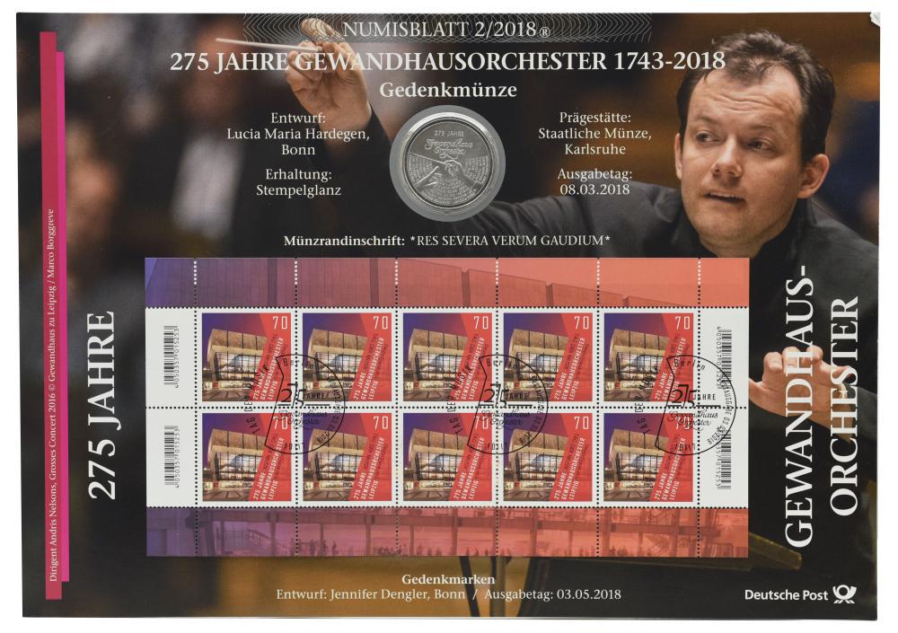Коллекционная монета 20 евро 2018 серебро AU-UNC G Лейпцигский оркестр Гевандхауза в сувенирной упаковке (М21728)