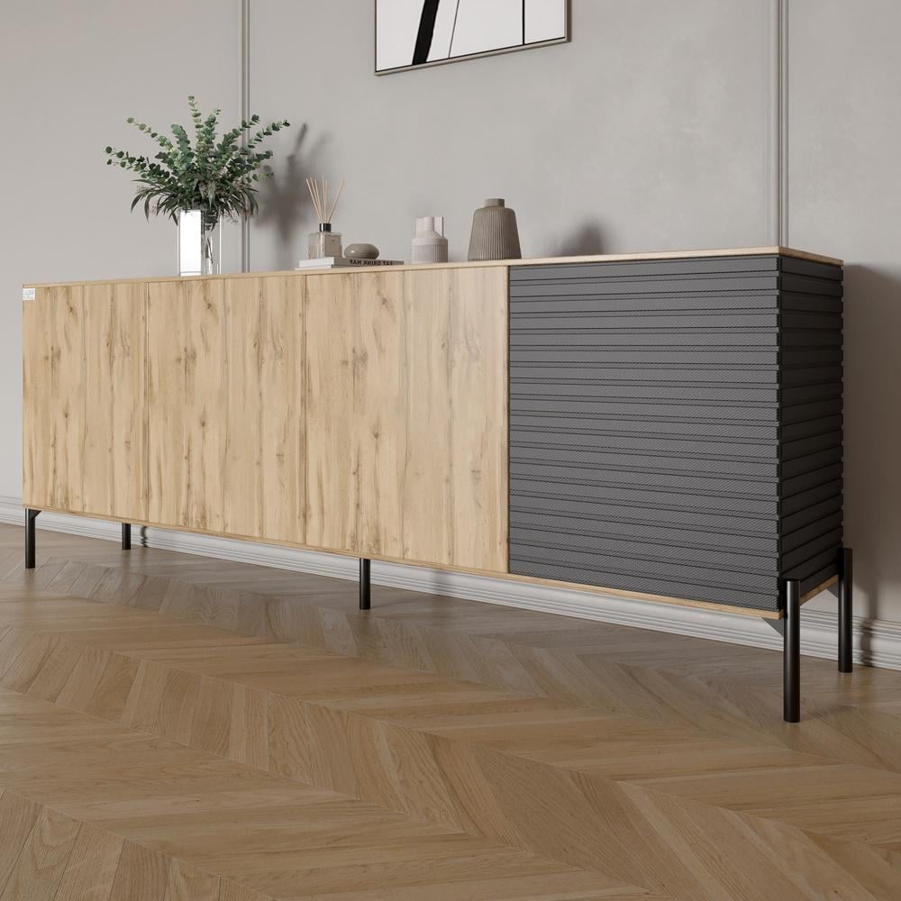 Комод в гостиную Lion Грей на черных металлических ножках 204x38x76,5 см Дуб Аппалачи/Асфальт (000-000-2023)