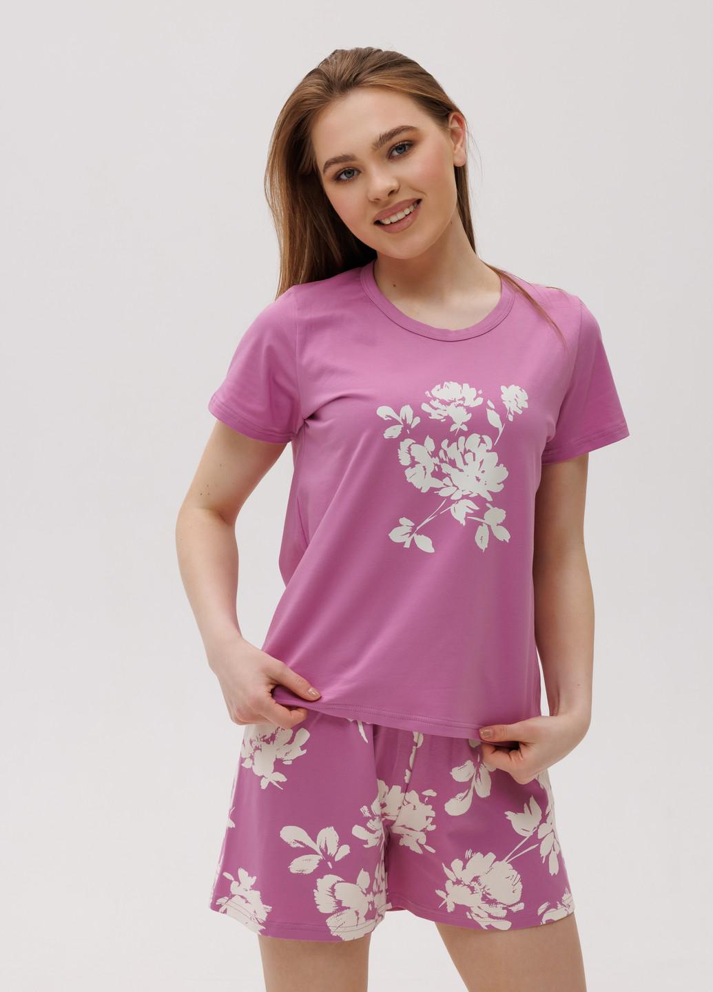 Піжама жіноча бавовняна Наталюкс з шортами та квітковим принтом XL Крокус (4826456311551)
